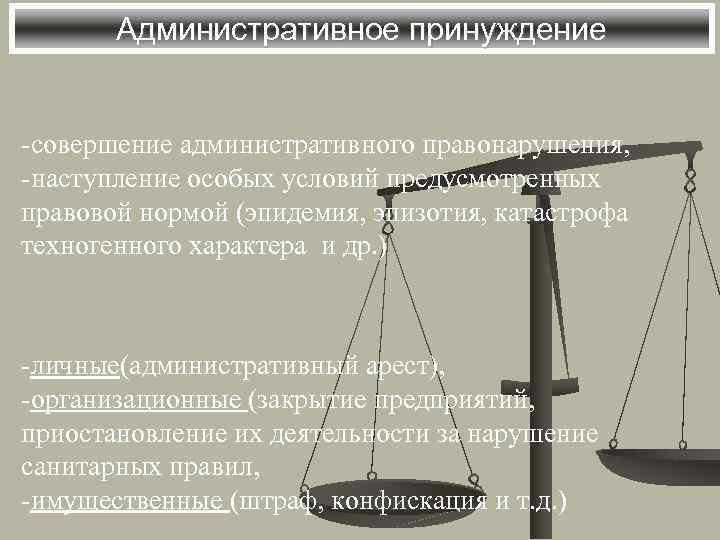 Административное принуждение -совершение административного правонарушения, -наступление особых условий предусмотренных правовой нормой (эпидемия, эпизотия, катастрофа