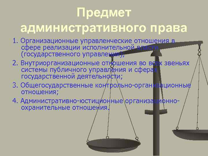 Предмет административного права 1. Организационные управленческие отношения в сфере реализации исполнительной власти (государственного управления);