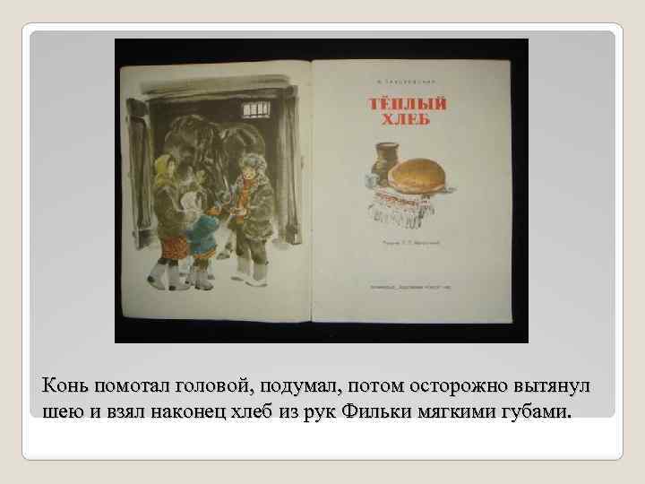 Конь помотал головой, подумал, потом осторожно вытянул шею и взял наконец хлеб из рук