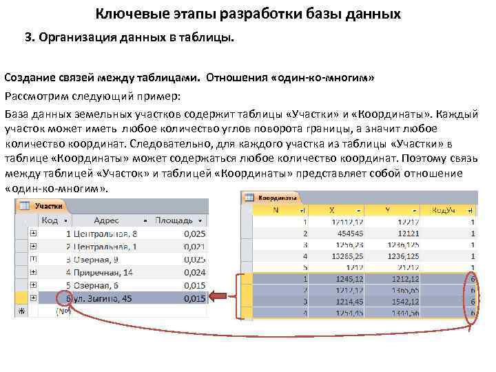 Ключевые этапы разработки базы данных 3. Организация данных в таблицы. Создание связей между таблицами.