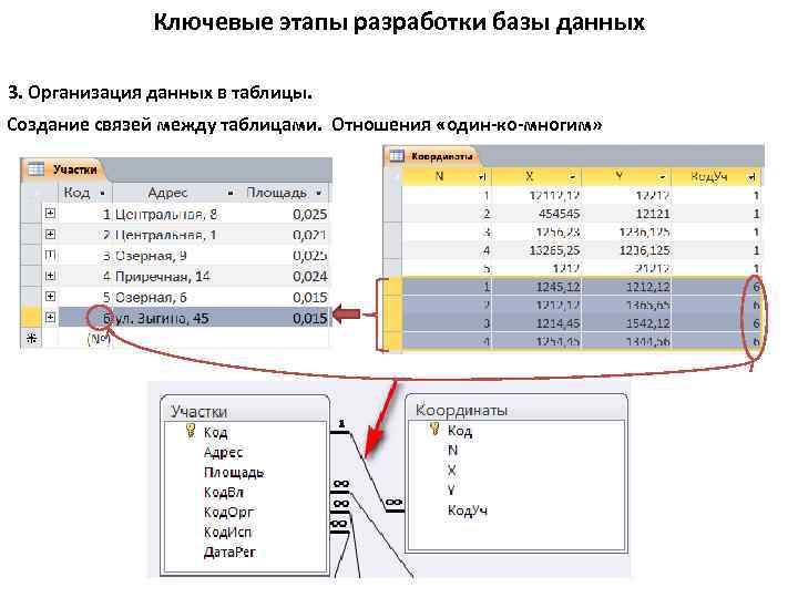 Ключевые этапы разработки базы данных 3. Организация данных в таблицы. Создание связей между таблицами.