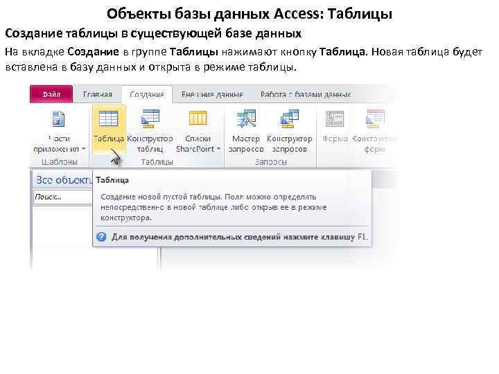 Объекты базы данных Access: Таблицы Создание таблицы в существующей базе данных На вкладке Создание