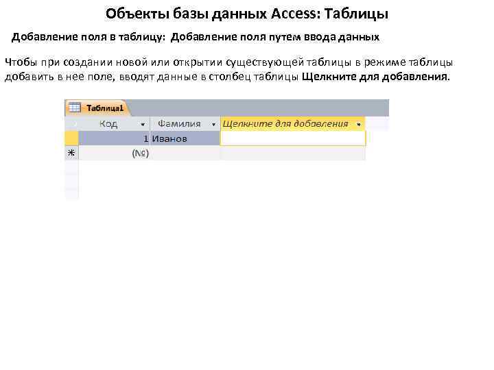 Объекты базы данных Access: Таблицы Добавление поля в таблицу: Добавление поля путем ввода данных
