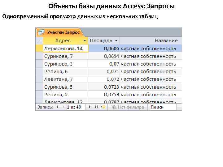 Объекты базы данных Access: Запросы Одновременный просмотр данных из нескольких таблиц 