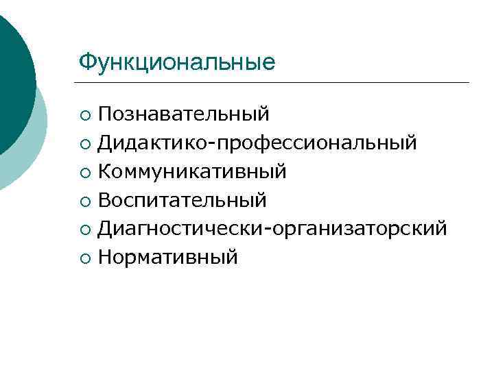 Функциональные Познавательный ¡ Дидактико-профессиональный ¡ Коммуникативный ¡ Воспитательный ¡ Диагностически-организаторский ¡ Нормативный ¡ 