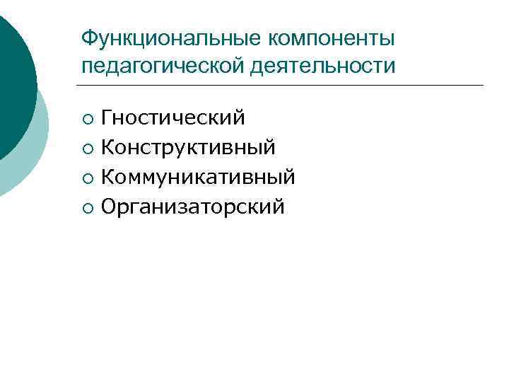 Функциональные компоненты педагогической деятельности Гностический ¡ Конструктивный ¡ Коммуникативный ¡ Организаторский ¡ 