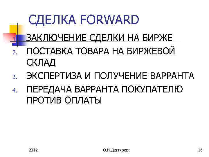 СДЕЛКА FORWARD 1. 2. 3. 4. ЗАКЛЮЧЕНИЕ СДЕЛКИ НА БИРЖЕ ПОСТАВКА ТОВАРА НА БИРЖЕВОЙ