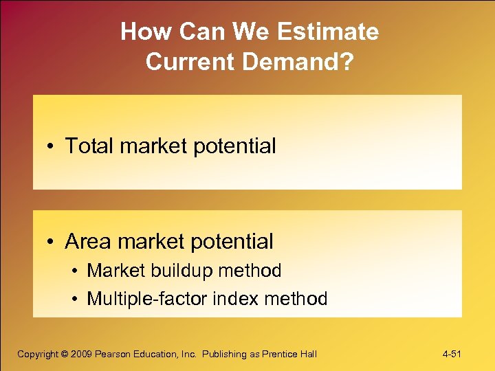 How Can We Estimate Current Demand? • Total market potential • Area market potential