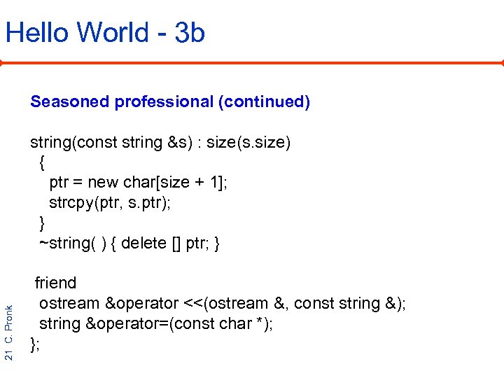 Hello World - 3 b Seasoned professional (continued) 21 C. Pronk string(const string &s)