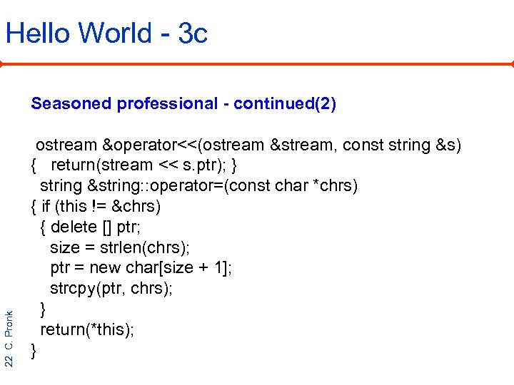Hello World - 3 c 22 C. Pronk Seasoned professional - continued(2) ostream &operator<<(ostream