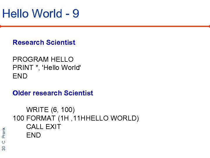 Hello World - 9 Research Scientist PROGRAM HELLO PRINT *, 'Hello World' END 30