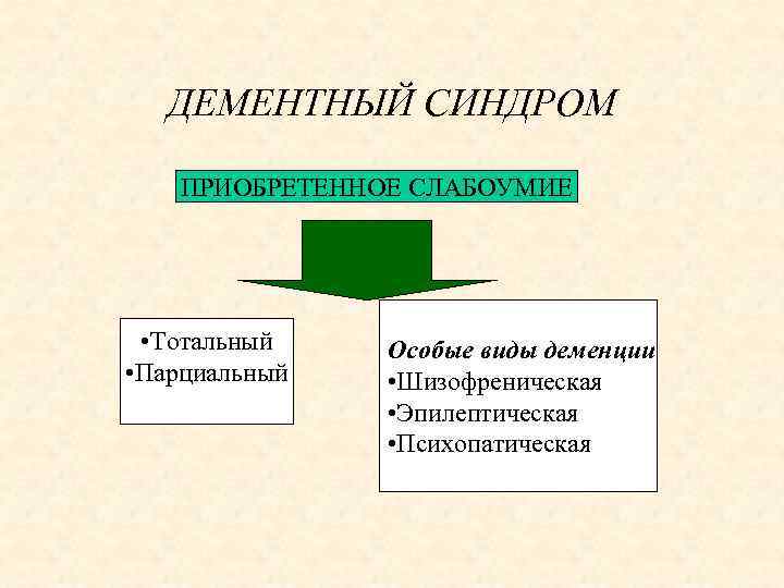 ДЕМЕНТНЫЙ СИНДРОМ ПРИОБРЕТЕННОЕ СЛАБОУМИЕ • Тотальный • Парциальный Особые виды деменции • Шизофреническая •