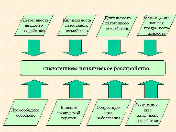  «Патогенность» внешнего воздействия Интенсивность патогенного воздействия Длительность патогенного воздействия Конституциональная предрасположенность «экзогенное» психическое