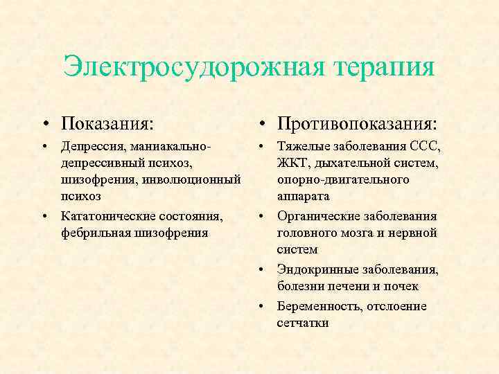 Электросудорожная терапия • Показания: • Противопоказания: • Депрессия, маниакальнодепрессивный психоз, шизофрения, инволюционный психоз •