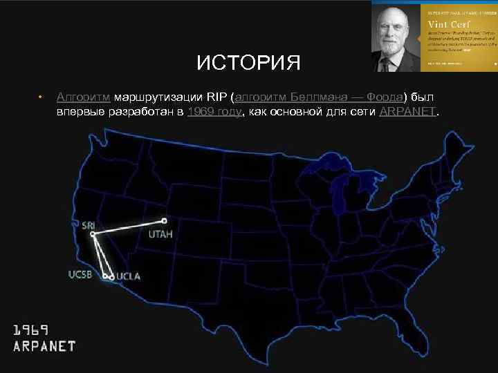 ИСТОРИЯ • Алгоритм маршрутизации RIP (алгоритм Беллмана — Форда) был впервые разработан в 1969