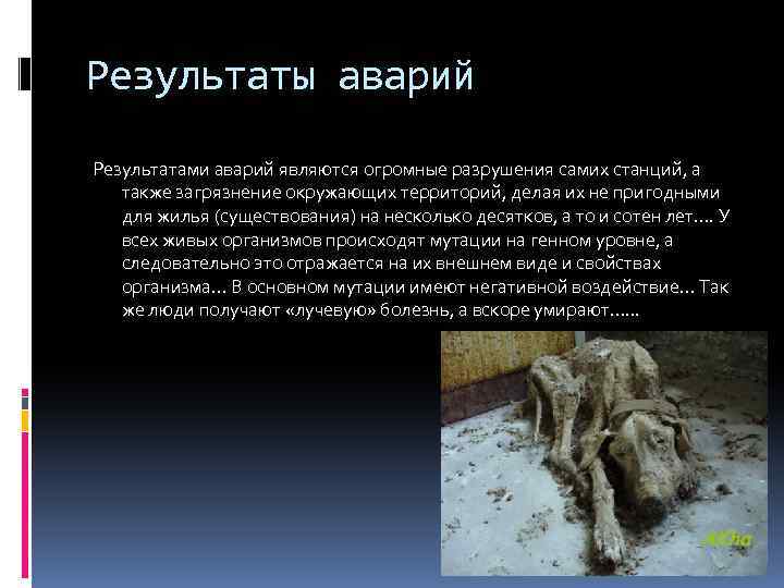 Результаты аварий Результатами аварий являются огромные разрушения самих станций, а также загрязнение окружающих территорий,