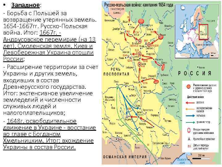  • Западное: - Борьба с Польшей за возвращение утерянных земель. 1654 -1667 гг.