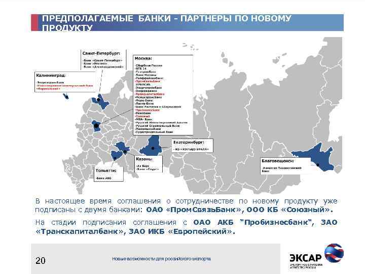 ПРЕДПОЛАГАЕМЫЕ БАНКИ - ПАРТНЕРЫ ПО НОВОМУ ПРОДУКТУ В настоящее время соглашения о сотрудничестве по
