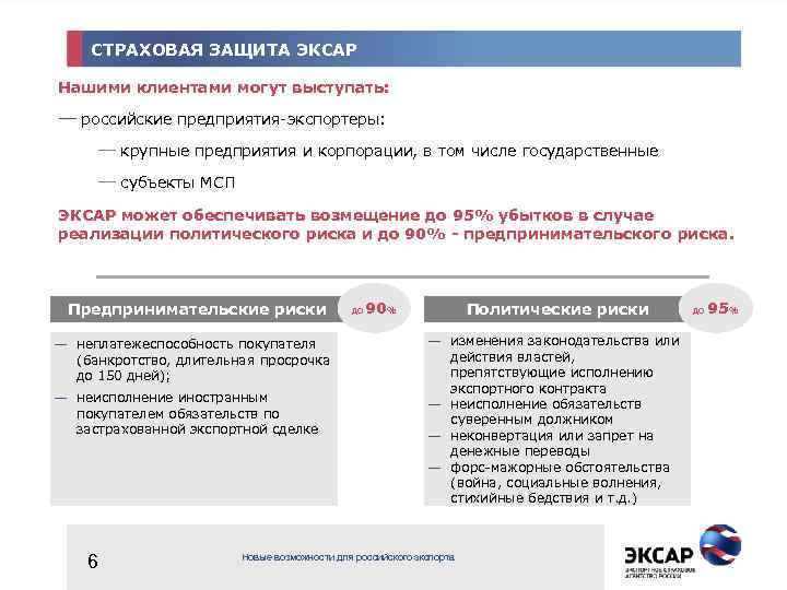 СТРАХОВАЯ ЗАЩИТА ЭКСАР Нашими клиентами могут выступать: — российские предприятия-экспортеры: — крупные предприятия и