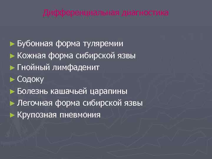 Дифференциальная диагностика ► Бубонная форма туляремии ► Кожная форма сибирской язвы ► Гнойный лимфаденит