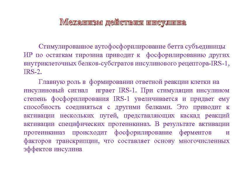 Механизм действия инсулина Стимулированное аутофосфорилирование бетта субъединицы ИР по остаткам тирозина приводит к фосфорилированию