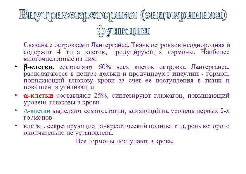 Внутрисекреторная (эндокринная) функция • • Связана с островками Лангерганса. Ткань островков неоднородная и содержит