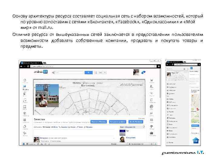 Основу архитектуры ресурса составляет социальная сеть с набором возможностей, который по уровню сопоставим с
