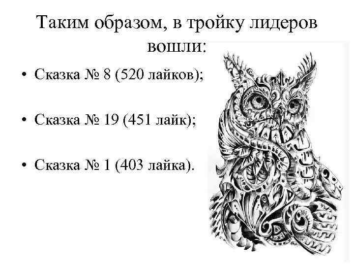 Таким образом, в тройку лидеров вошли: • Сказка № 8 (520 лайков); • Сказка