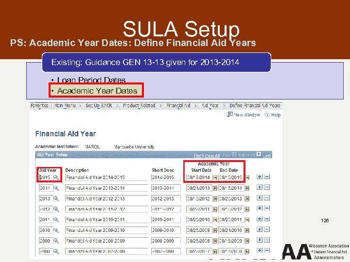SULA Setup PS: Academic Year Dates: Define Financial Aid Years Existing: Guidance GEN 13