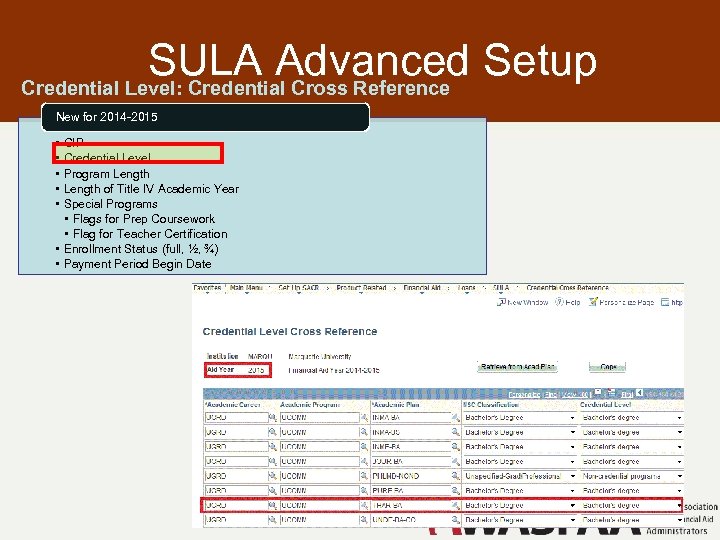 SULA Advanced Setup Credential Level: Credential Cross Reference New for 2014 -2015 • •