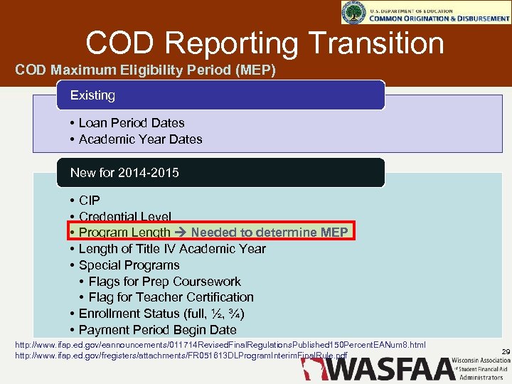 COD Reporting Transition COD Maximum Eligibility Period (MEP) Existing • Loan Period Dates •
