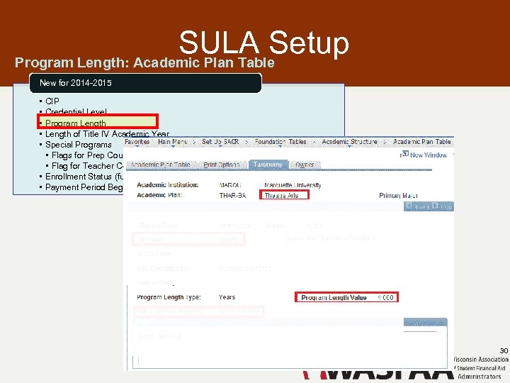 SULA Setup Program Length: Academic Plan Table New for 2014 -2015 • • •