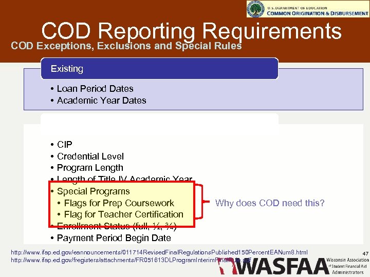 COD Reporting Requirements COD Exceptions, Exclusions and Special Rules Existing • Loan Period Dates