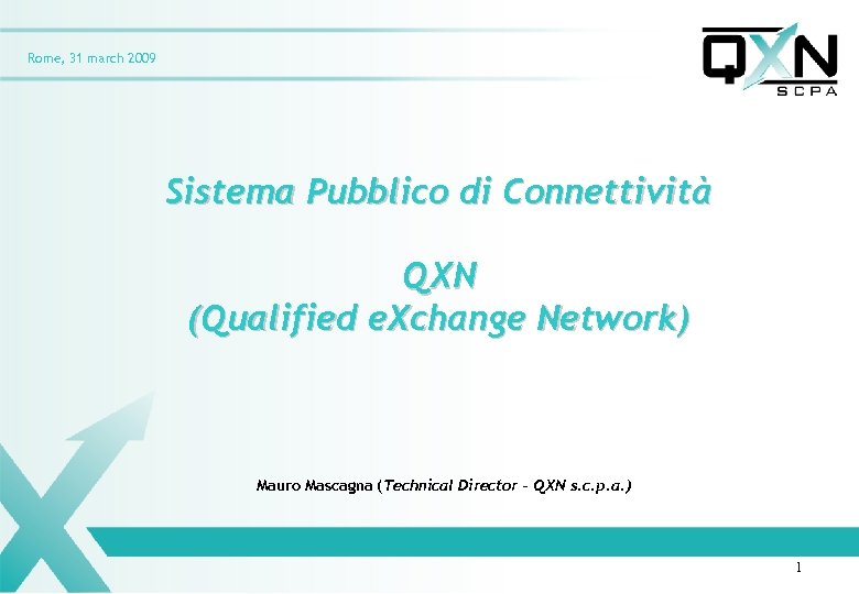 Rome, 31 march 2009 Sistema Pubblico di Connettività QXN (Qualified e. Xchange Network) Mauro