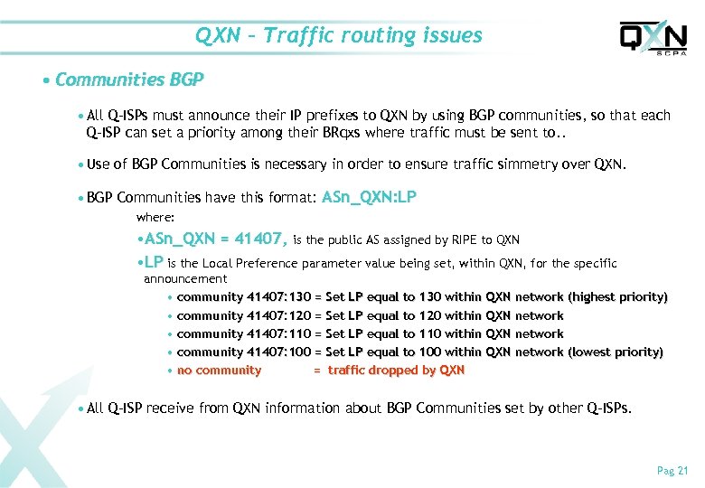 QXN – Traffic routing issues • Communities BGP • All Q-ISPs must announce their