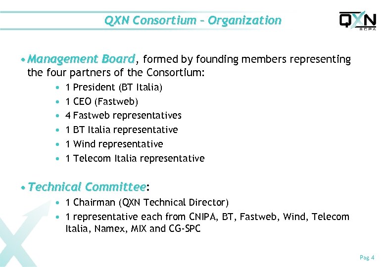 QXN Consortium – Organization • Management Board, formed by founding members representing Board the