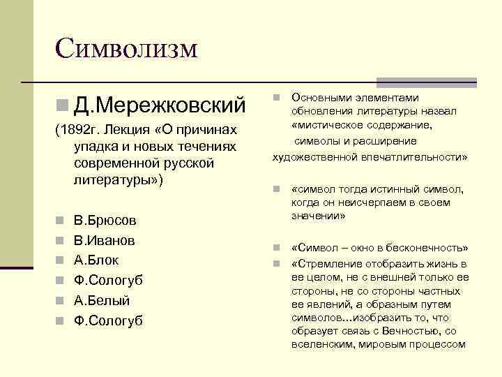 Символизм n Д. Мережковский (1892 г. Лекция «О причинах упадка и новых течениях современной