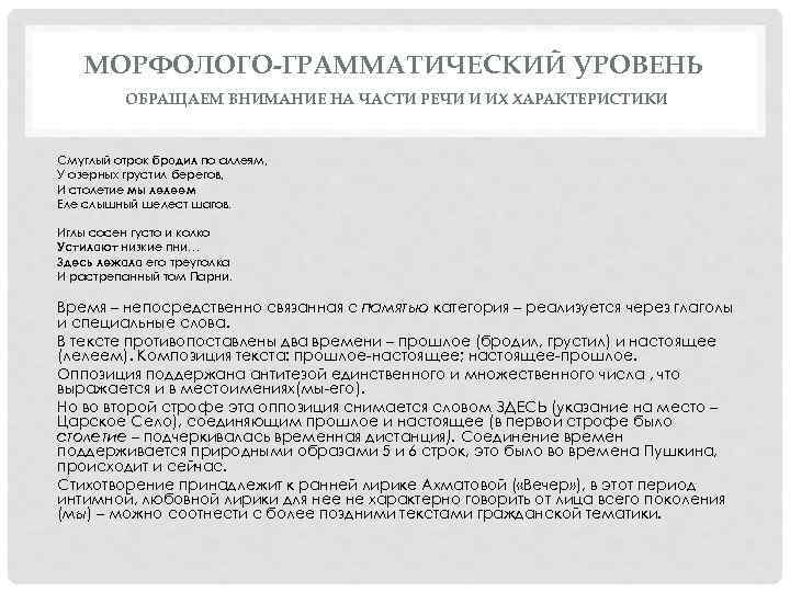 МОРФОЛОГО-ГРАММАТИЧЕСКИЙ УРОВЕНЬ ОБРАЩАЕМ ВНИМАНИЕ НА ЧАСТИ РЕЧИ И ИХ ХАРАКТЕРИСТИКИ Смуглый отрок бродил по