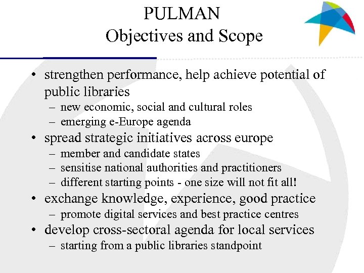 PULMAN Objectives and Scope • strengthen performance, help achieve potential of public libraries –