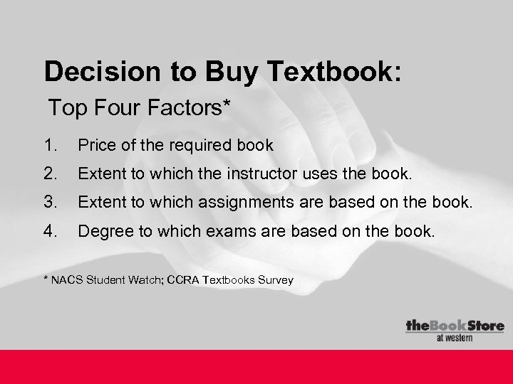 Decision to Buy Textbook: Top Four Factors* 1. Price of the required book 2.