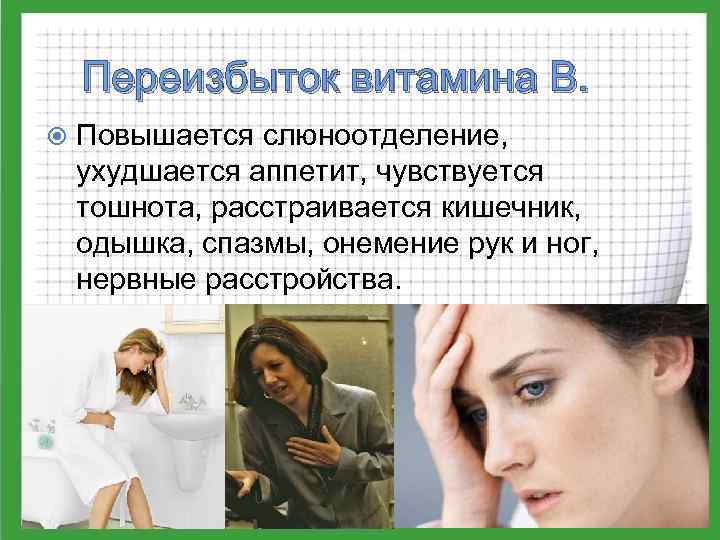 Переизбыток витамина В. Повышается слюноотделение, ухудшается аппетит, чувствуется тошнота, расстраивается кишечник, одышка, спазмы, онемение