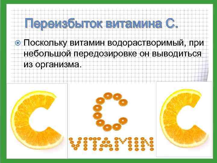 Переизбыток витамина С. Поскольку витамин водорастворимый, при небольшой передозировке он выводиться из организма. 