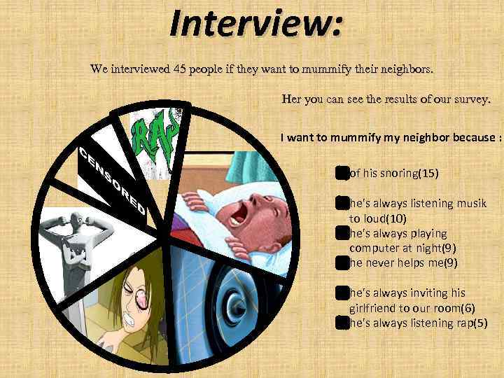 Interview: We interviewed 45 people if they want to mummify their neighbors. Her you