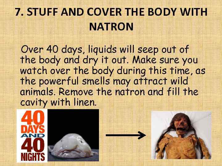 7. STUFF AND COVER THE BODY WITH NATRON Over 40 days, liquids will seep