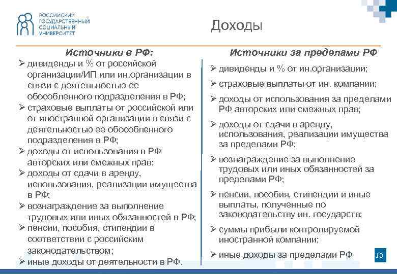 Доходы Источники в РФ: Ø дивиденды и % от российской организации/ИП или ин. организации