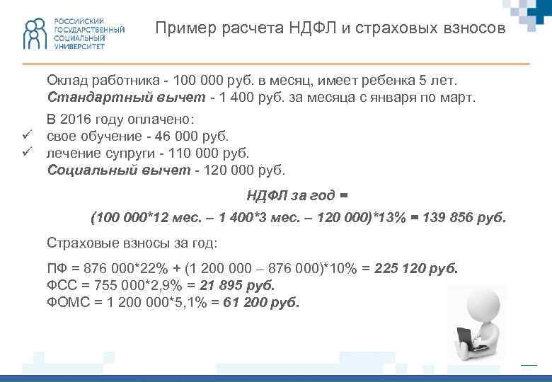 Пример расчета НДФЛ и страховых взносов Оклад работника - 100 000 руб. в месяц,