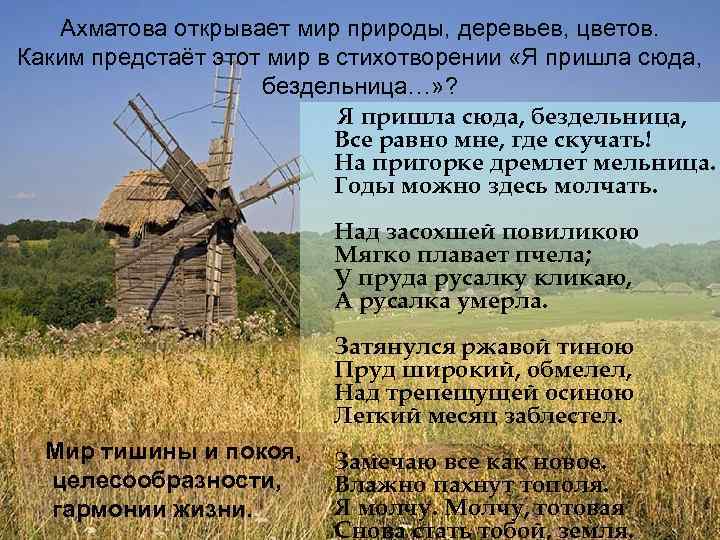 Ахматова открывает мир природы, деревьев, цветов. Каким предстаёт этот мир в стихотворении «Я пришла