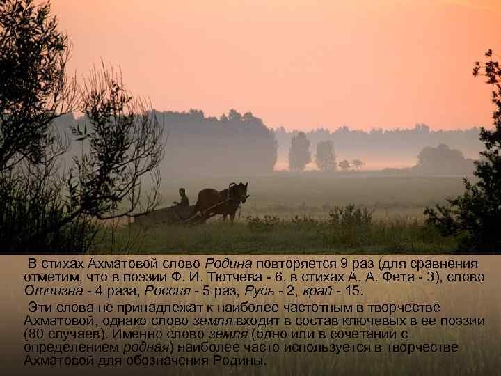  В стихах Ахматовой слово Родина повторяется 9 раз (для сравнения отметим, что в