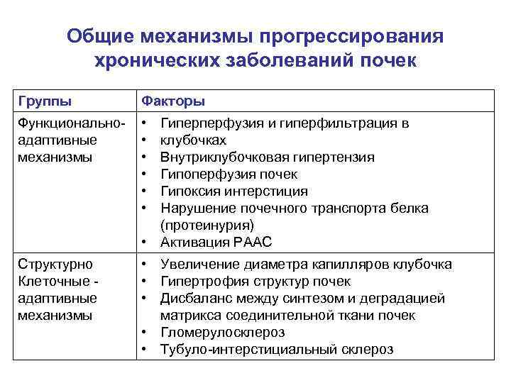 Общие механизмы прогрессирования хронических заболеваний почек Группы Факторы Функциональноадаптивные механизмы • • • Структурно