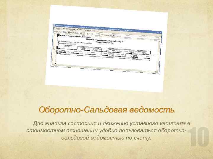 Оборотно-Сальдовая ведомость Для анализа состояния и движения уставного капитала в стоимостном отношении удобно пользоваться